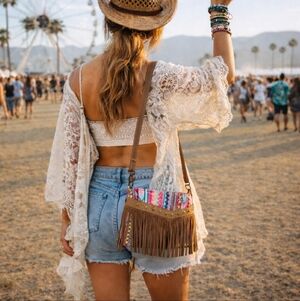 Catchfly Western Fringe Bag Bright Pink Teal Brown Aztec Print Festival Boho